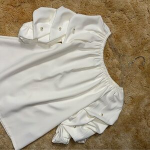 White Ruffled Blouse with Pearl Accents